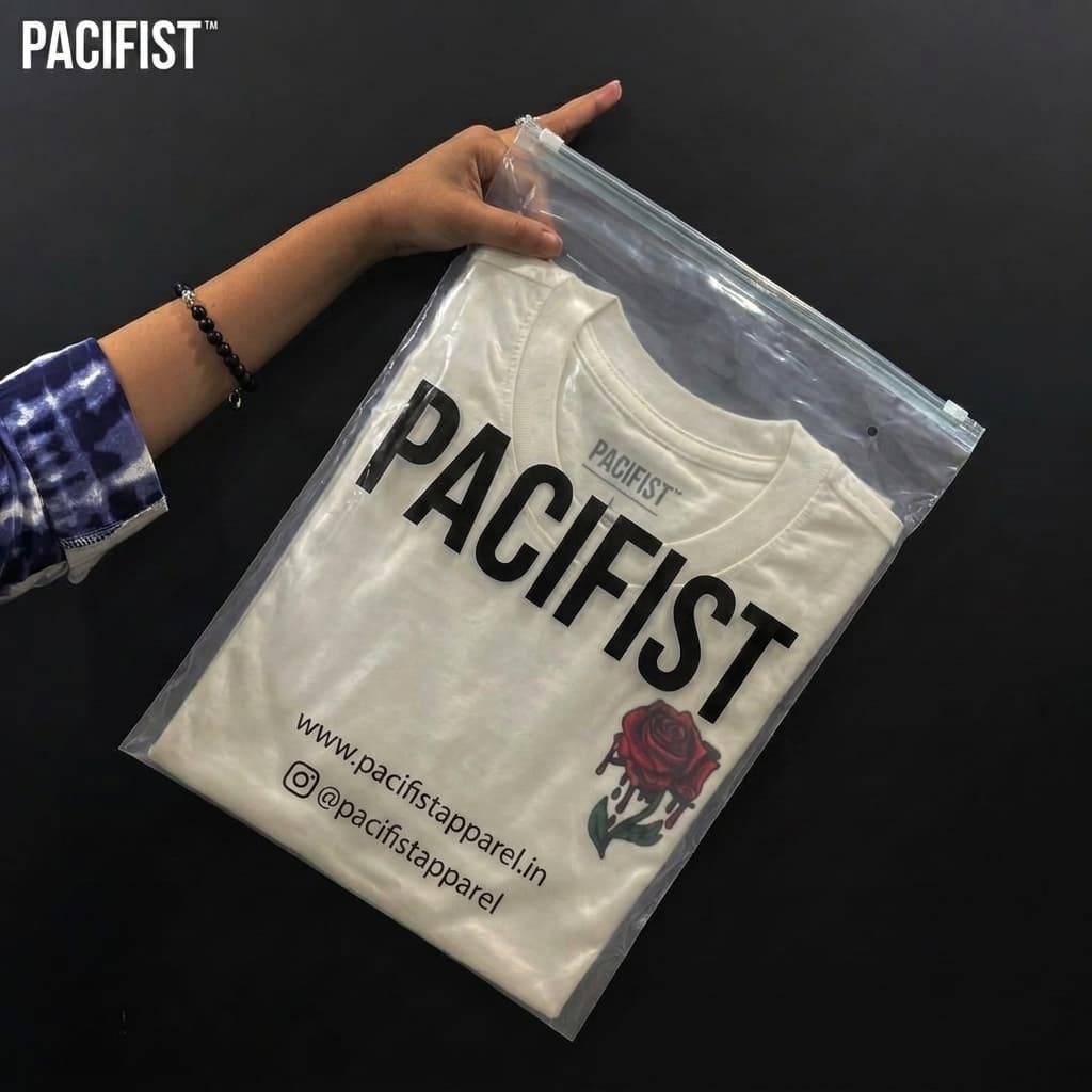 PACIFIST branded poly bag packaging for bulk t-shirt orders India