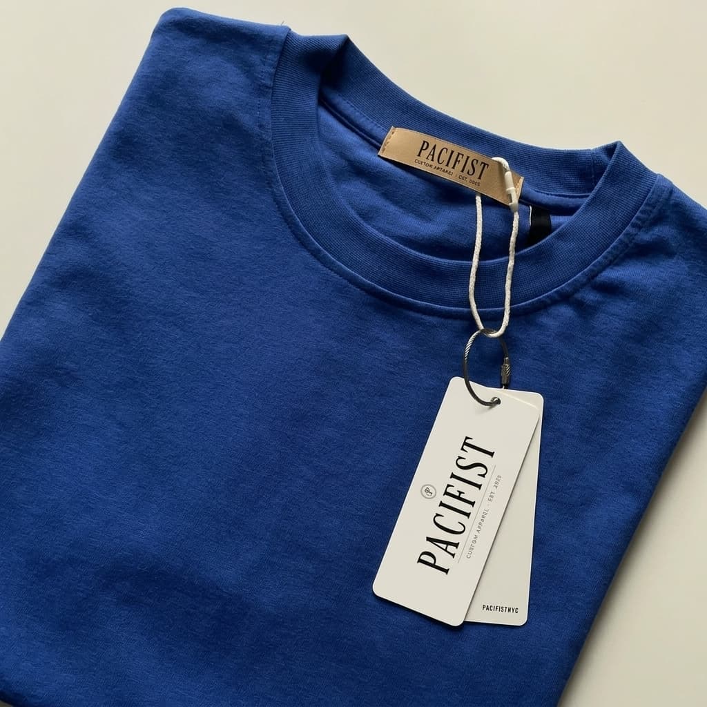 PACIFIST custom woven tag on blue t-shirt - bulk custom apparel label India